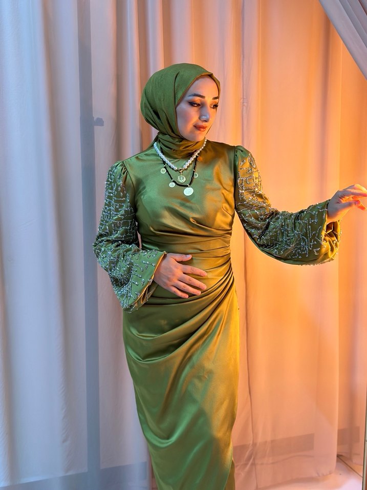 Yağ yeşili kolları taşlı abiye - Görsel 4