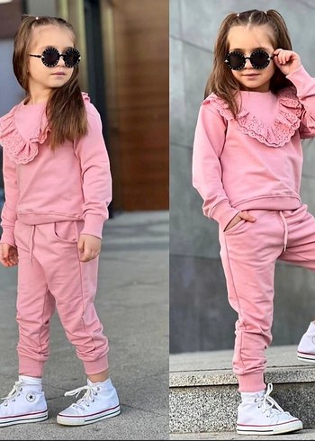 Kız Çocuk Pembe Fırfırlı Rahat Eşofman Takımı