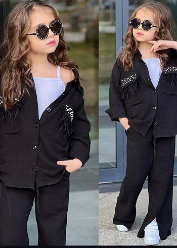 Kız Çocuk Siyah Kürklü Street Wear Takım