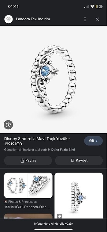  Beden mavi Renk Pandora cinderella yuzuk