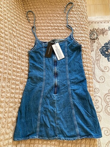 xs Beden Askılı denim elbise