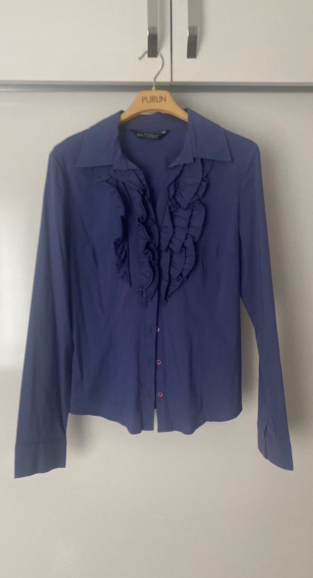 Uzun Kollu Fırfırlı Kadın Keten Gömlek - Görsel 2