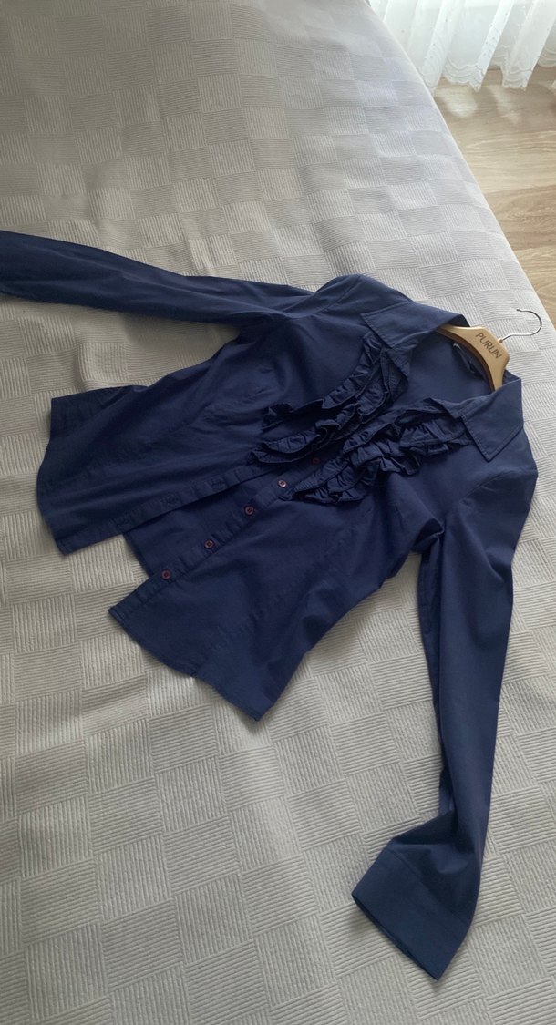 Uzun Kollu Fırfırlı Kadın Keten Gömlek - Görsel 4