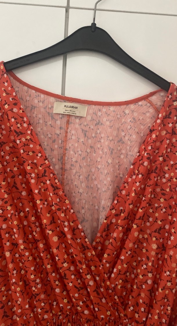 Kırmızı Bohem Mini Elbise V Yaka - Görsel 3