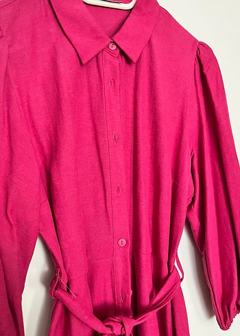 Pembe Keten Uzun Boy Elbise - Görsel 3