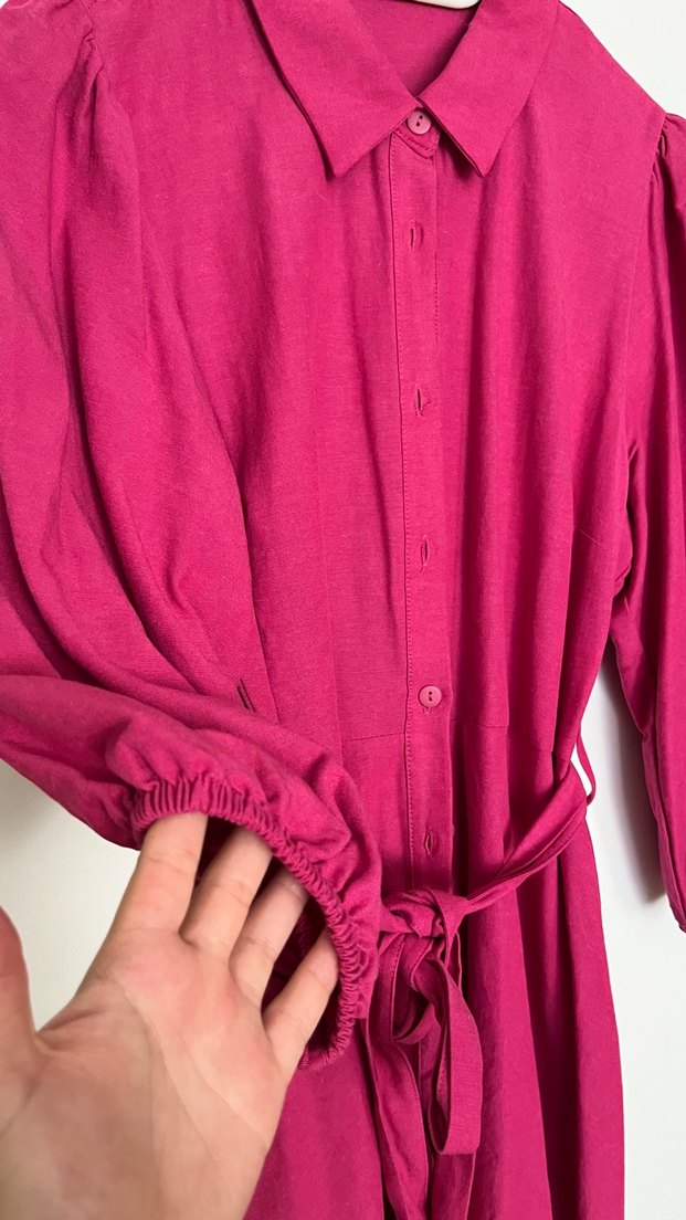 Pembe Keten Uzun Boy Elbise - Görsel 2