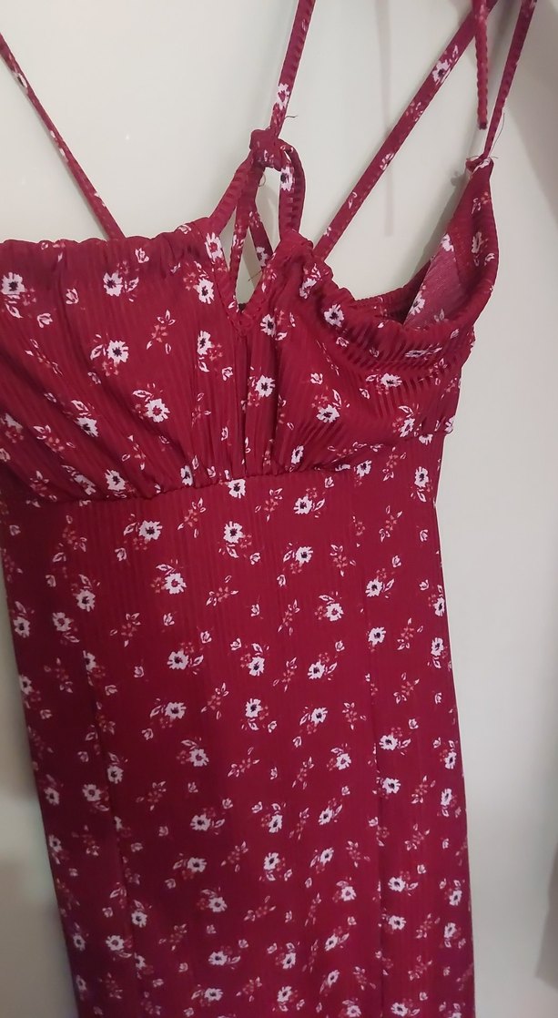 Bordo V Yakalı Midi Bohem Elbise - Görsel 2