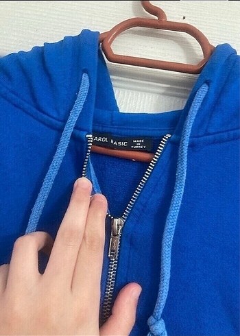 s Beden Parlak Mavi Fermuarlı Kapüşonlu Sweatshirt