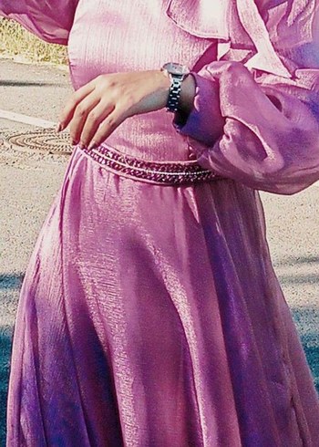 Uzun Kollu Pembe Vintage Kadın Elbise - Görsel 4