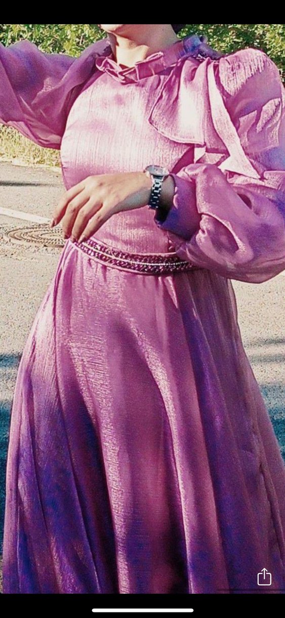 Uzun Kollu Pembe Vintage Kadın Elbise - Görsel 4