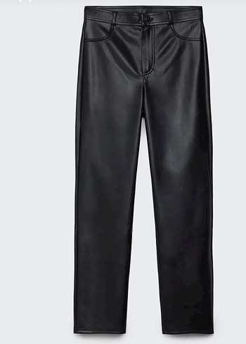 Siyah Deri Kadın Düz Paça Pantolon - Görsel 2