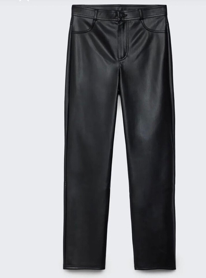 Siyah Deri Kadın Düz Paça Pantolon - Görsel 2