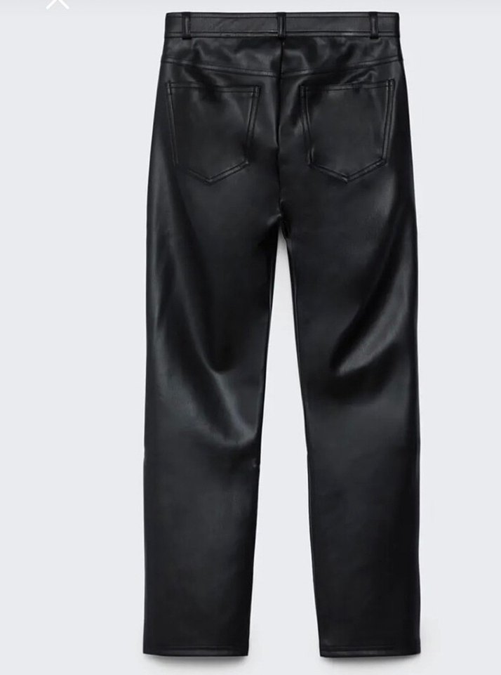 Siyah Deri Kadın Düz Paça Pantolon - Görsel 3
