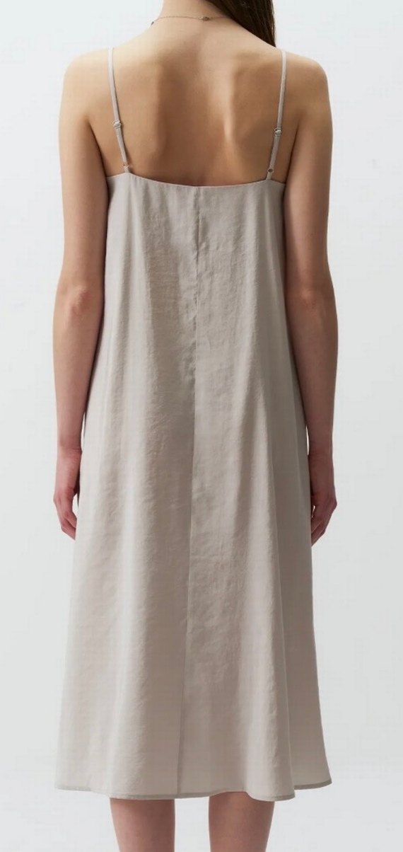 Bej Bol Kesim V Yaka Askılı Elbise - Görsel 4