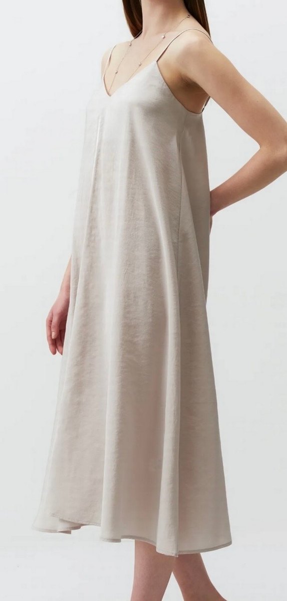 Bej Bol Kesim V Yaka Askılı Elbise - Görsel 3