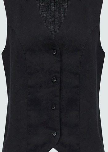 Siyah Keten Düğmeli V Yaka Kadın Yelek - Görsel 6