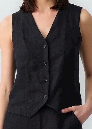 Siyah Keten Düğmeli V Yaka Kadın Yelek - Görsel 2