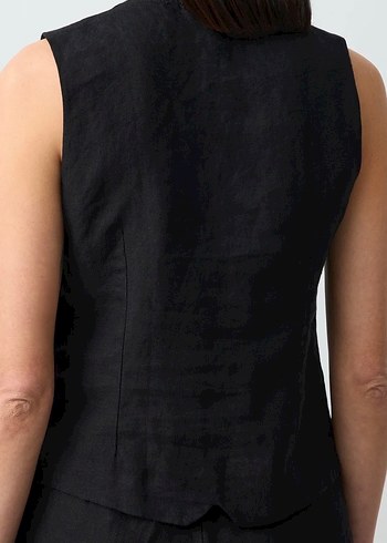 Siyah Keten Düğmeli V Yaka Kadın Yelek - Görsel 5