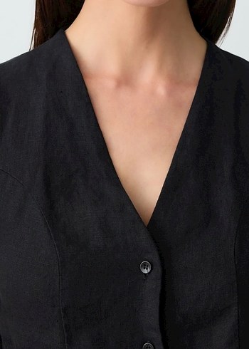 Siyah Keten Düğmeli V Yaka Kadın Yelek - Görsel 4