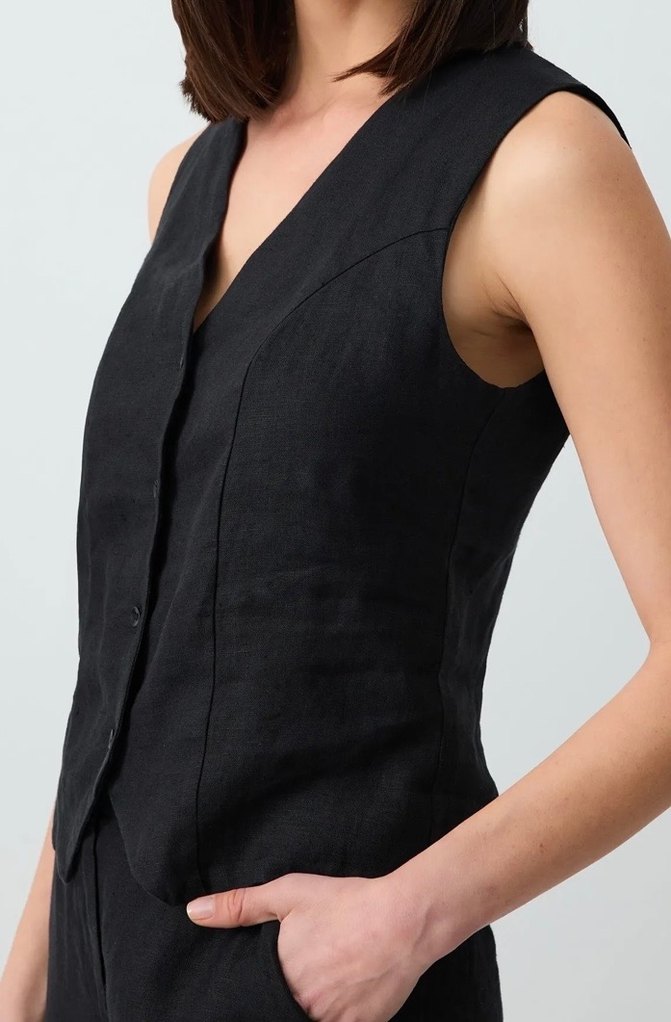Siyah Keten Düğmeli V Yaka Kadın Yelek - Görsel 3