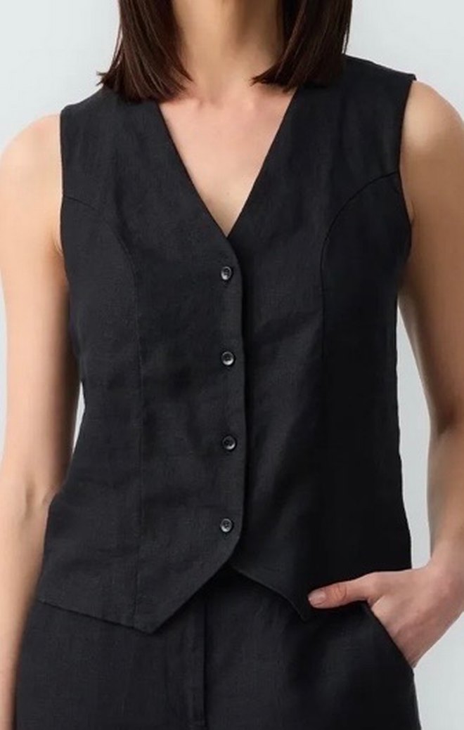 Siyah Keten Düğmeli V Yaka Kadın Yelek - Görsel 2