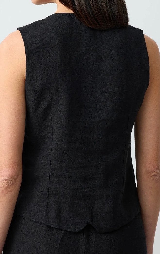 Siyah Keten Düğmeli V Yaka Kadın Yelek - Görsel 5