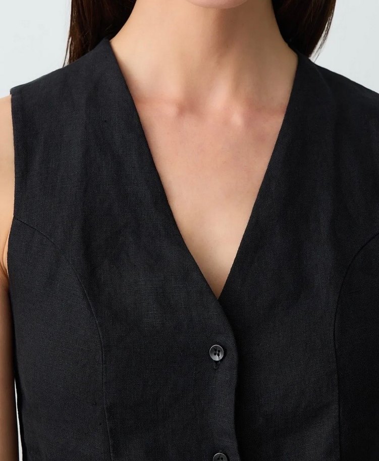 Siyah Keten Düğmeli V Yaka Kadın Yelek - Görsel 4