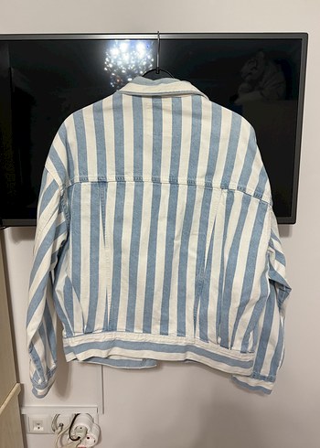 Çizgili Beyaz Mavi Kadın Kot Ceket - Görsel 2