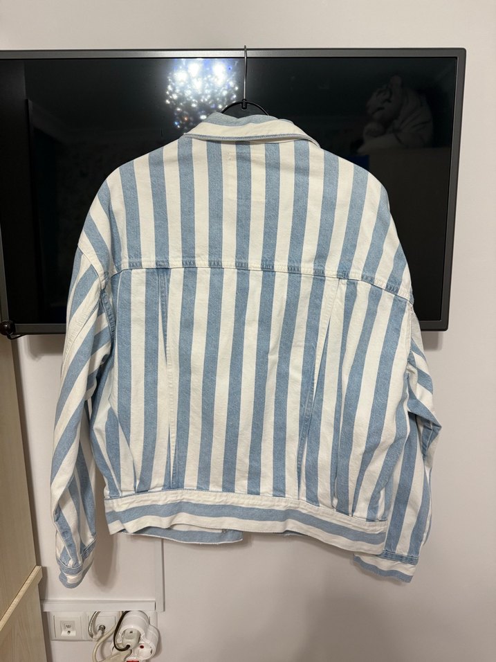 Çizgili Beyaz Mavi Kadın Kot Ceket - Görsel 2