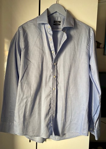 Düğmeli Mavi Keten Erkek Gömlek - Görsel 2