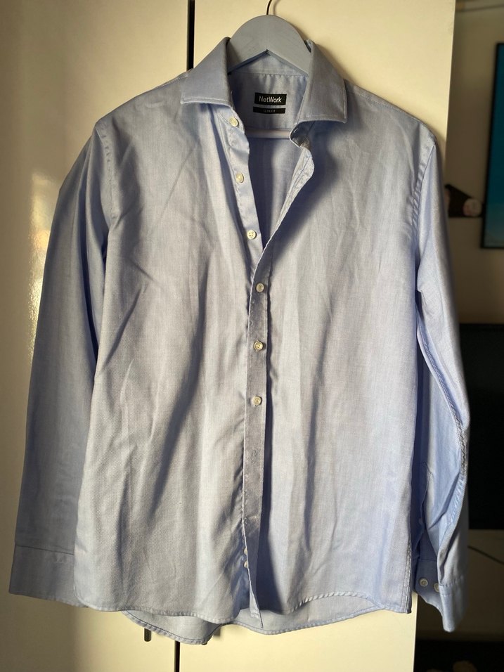 Düğmeli Mavi Keten Erkek Gömlek - Görsel 2