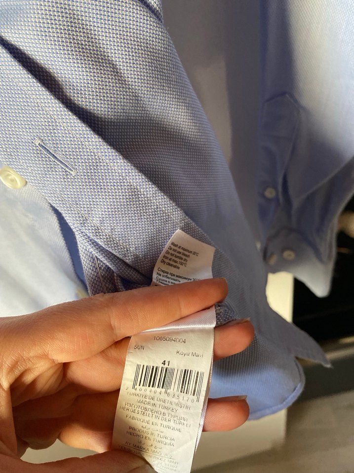 Düğmeli Mavi Keten Erkek Gömlek - Görsel 4