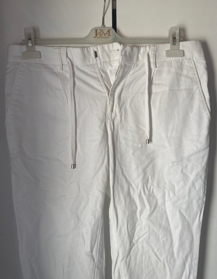 Beyaz Keten Rahat Kesim Kadın Pantolon - Görsel 2