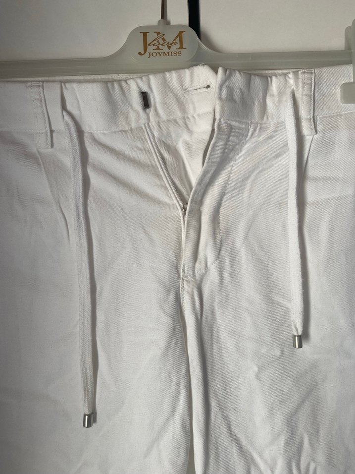 Beyaz Keten Rahat Kesim Kadın Pantolon - Görsel 3