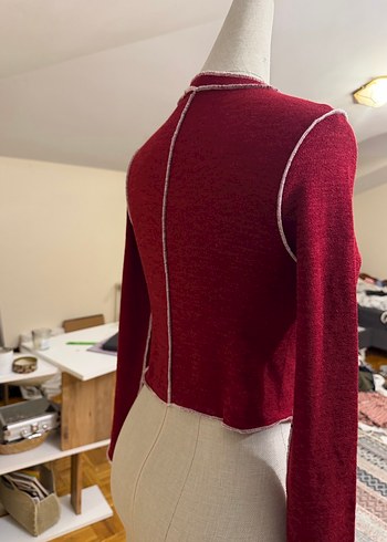 Bordo Yüksek Yaka Triko Crop Kadın Kazak - Görsel 3