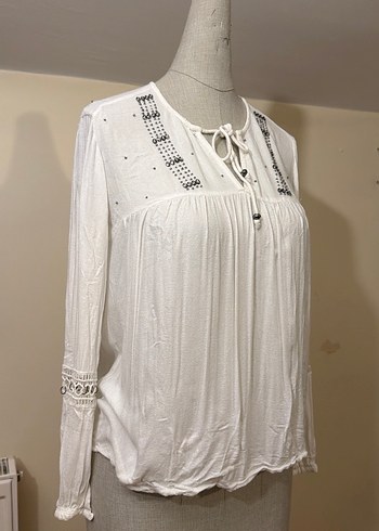 Nakışlı Beyaz Bohem Uzun Kollu Bluz - Görsel 2