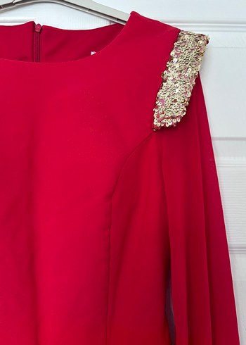 Uzun Kırmızı Parlak Vintage Abiye Elbise - Görsel 6