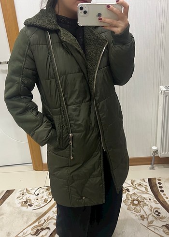 KOTON Kadın Haki Uzun Fermuarlı Kaban - Görsel 9