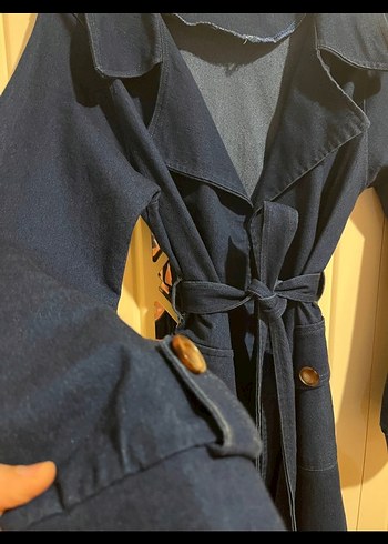 Kadın Lacivert Kot Trençkot Kemerli - Görsel 3