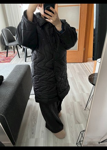 Düğmeli Siyah Kadın Midi Kışlık Mont kapitone mont - Görsel 2