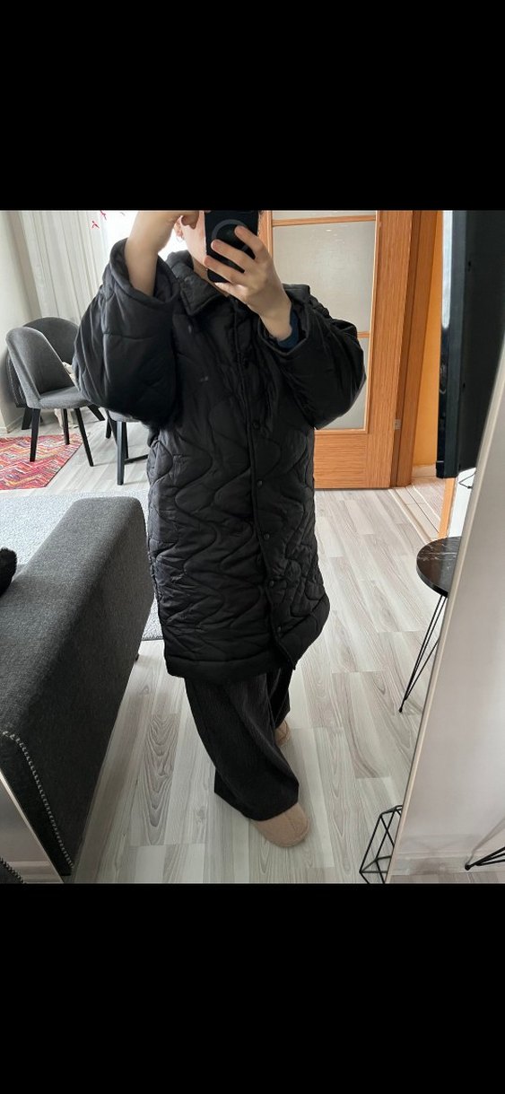 Düğmeli Siyah Kadın Midi Kışlık Mont kapitone mont - Görsel 2