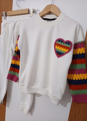 Renkli Örgü Kollu Kız Sweatshirt takım - Görsel 2