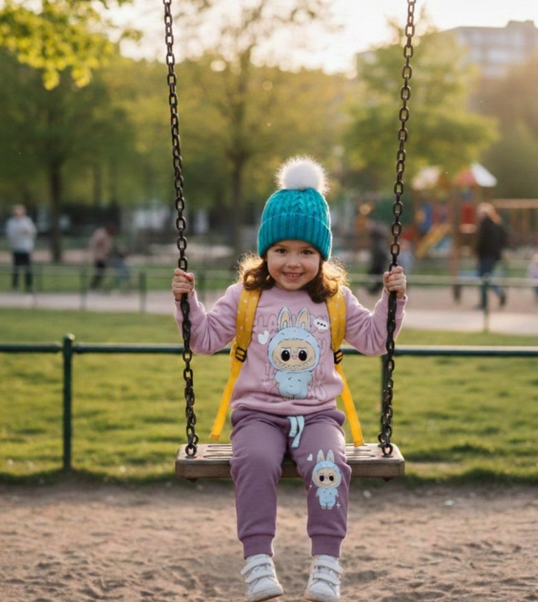 Kız Çocuk Pembe Örme Sweatshirt ve Eşofman Takımı - Görsel 2