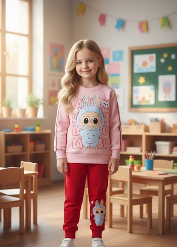 Kız Çocuk Pembe Baskılı Sweatshirt ve Eşofman - Görsel 2