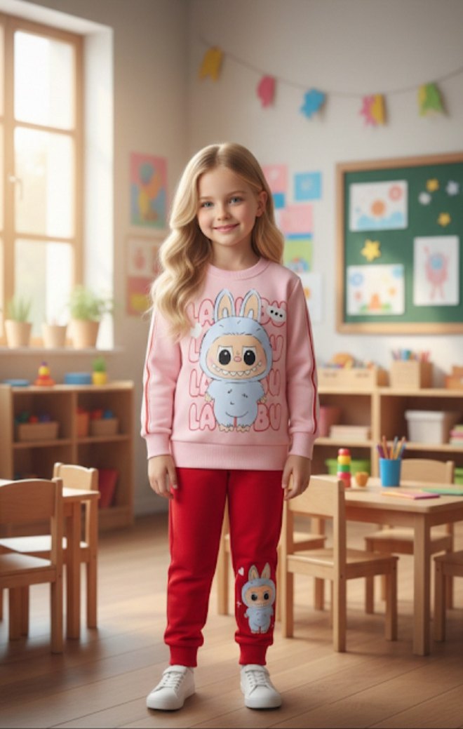 Kız Çocuk Pembe Baskılı Sweatshirt ve Eşofman - Görsel 2