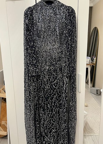 Uzun Lacivert  Desenli Kadın Abiye Elbise - Görsel 8