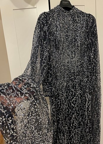 Uzun Lacivert  Desenli Kadın Abiye Elbise - Görsel 7