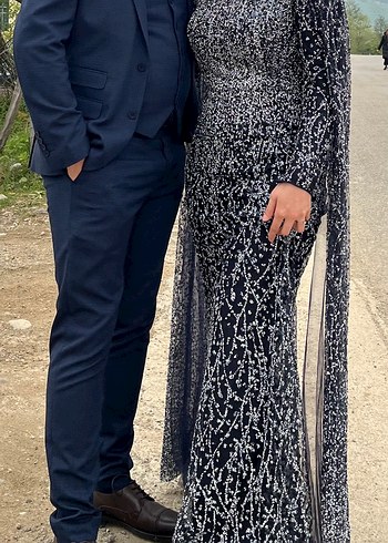 Uzun Lacivert  Desenli Kadın Abiye Elbise - Görsel 2