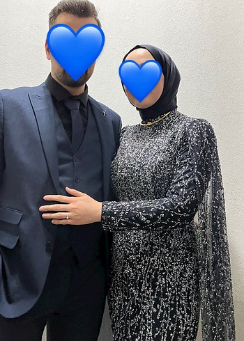 Uzun Lacivert  Desenli Kadın Abiye Elbise - Görsel 3