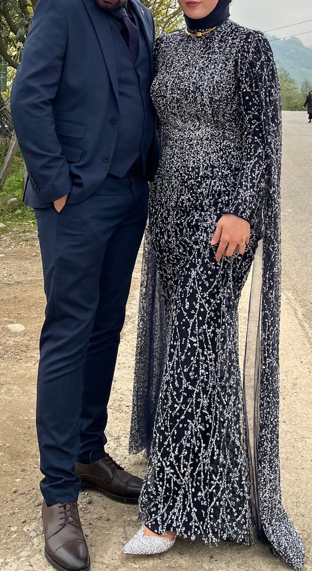 Uzun Lacivert  Desenli Kadın Abiye Elbise - Görsel 2